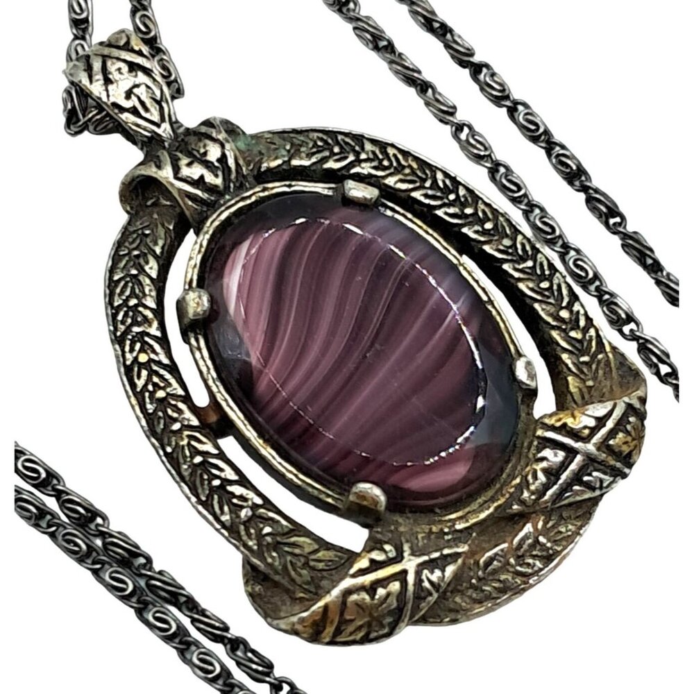 Porphryr Glass Necklace Purple Pendant Signed Miracle Celtic Vintage Costume Jew